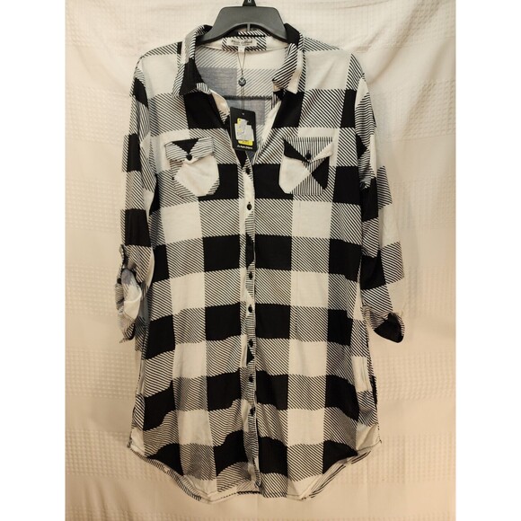 White Mark Tunic Sz Large Plaid Tartan Stretchy Button Down Henley Roll Tab - Picture 2 of 11